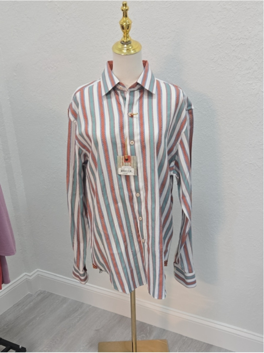 NWT Robert Graham Men's Vertical Stripe Dress Shirt - White, Brown & Blue